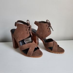 M4DE Madi Nubuck Gray Open Toe Cross Lace-Up Heels, 8